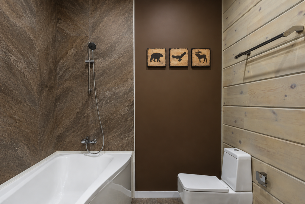 Modern bathroom with bathtub, brown textured wall, wood paneling, and minimalist fixtures.