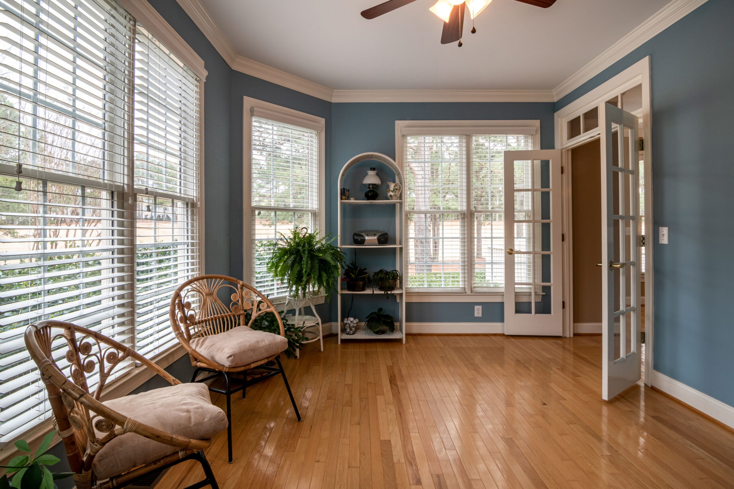Interior walls painted in blue-grey in a bright living room