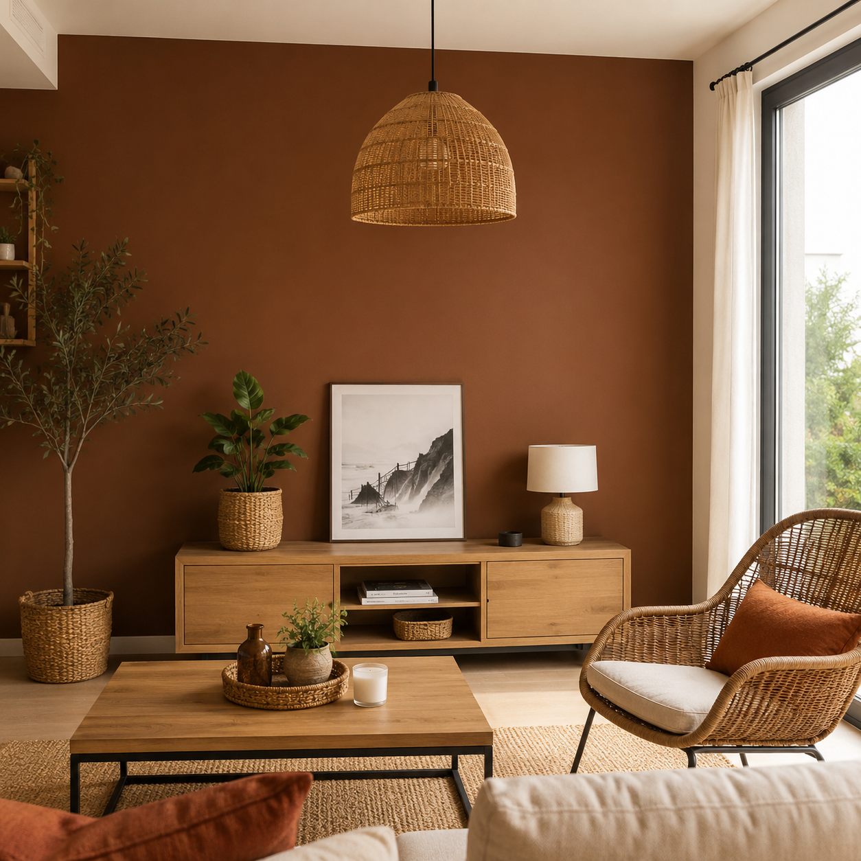 Interior wall painted in warm terracotta in a furnished living room