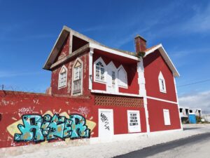 Exterior house façade painted in red