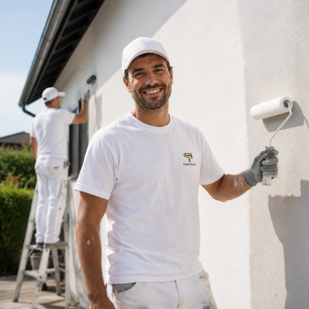 Two painters in white uniforms painting the exterior of a house, one smiling at the camera